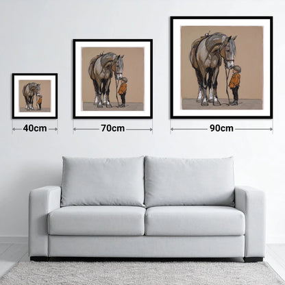The Gentle Giant - size guide showing 40cm, 70cm and 90cm art prints