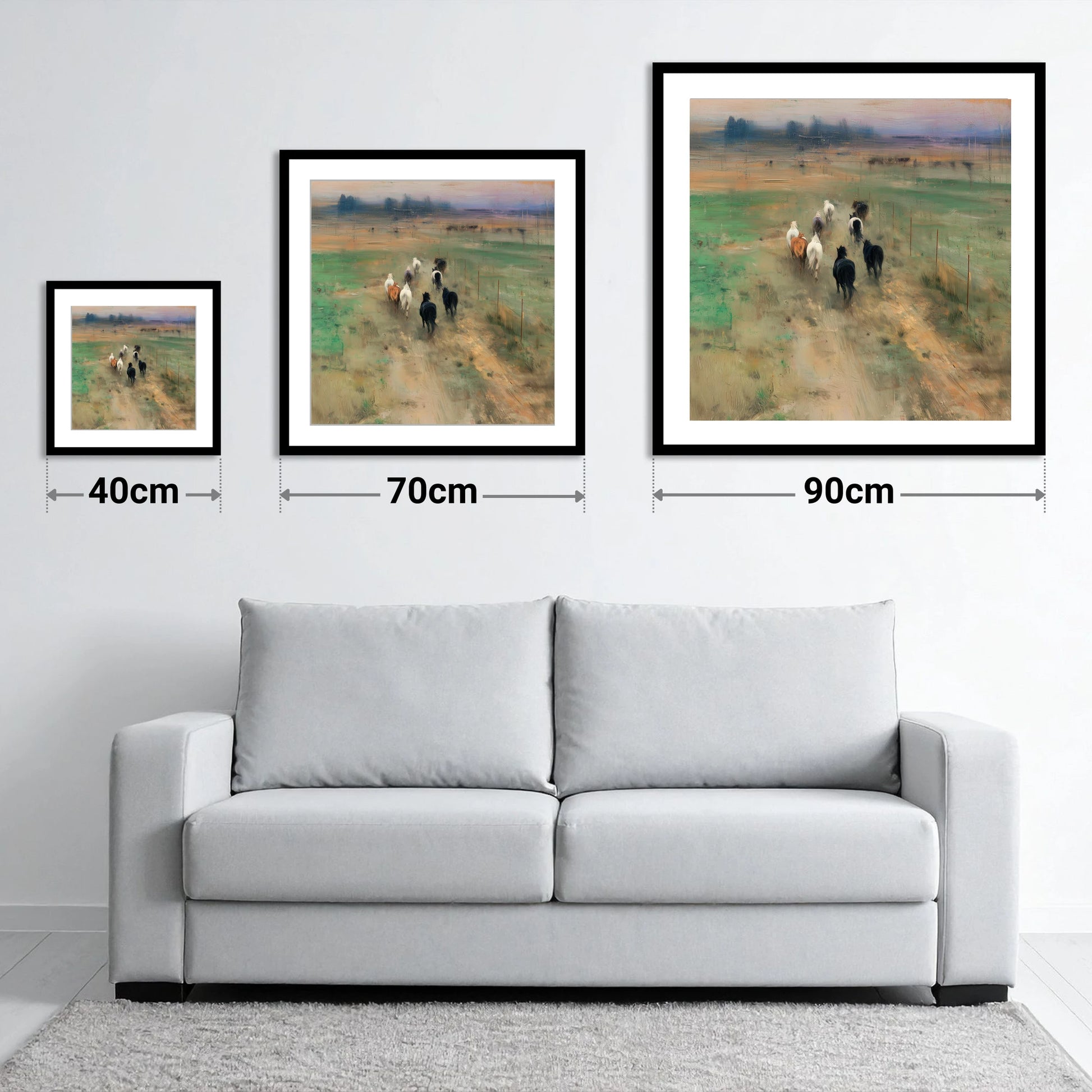 Heading for the Horizon - size guide showing 40cm, 70cm and 90cm art prints
