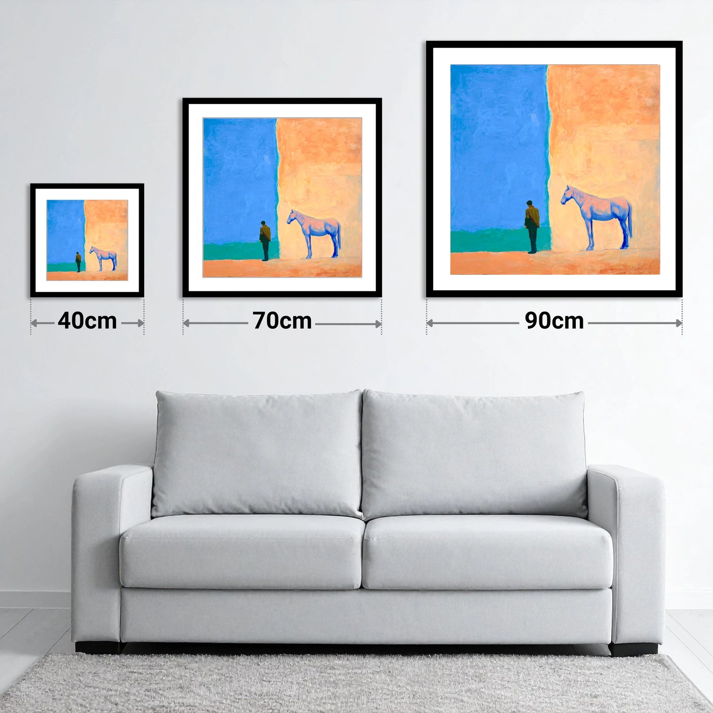 Silent Understanding - size guide showing 40cm, 70cm and 90cm art prints