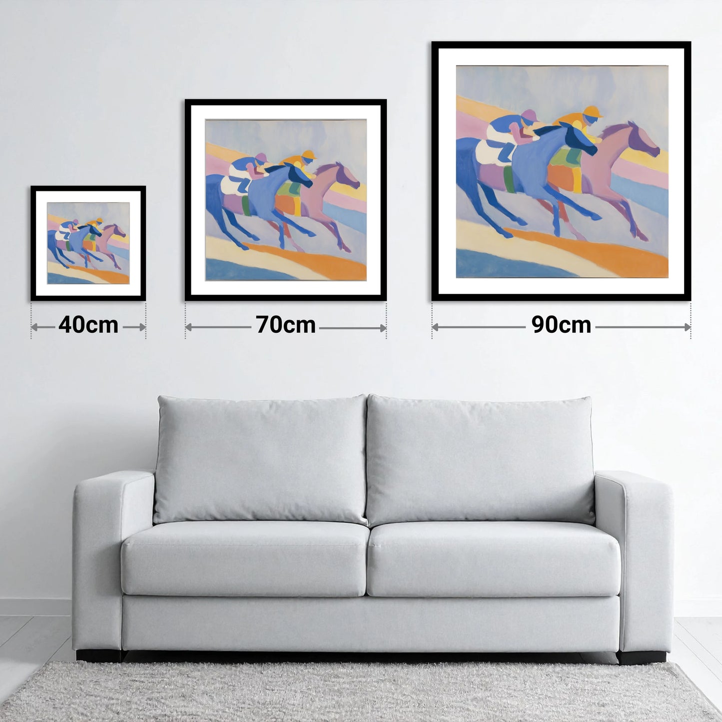 Modern Pastel Gallop - size guide showing 40cm, 70cm and 90cm art prints