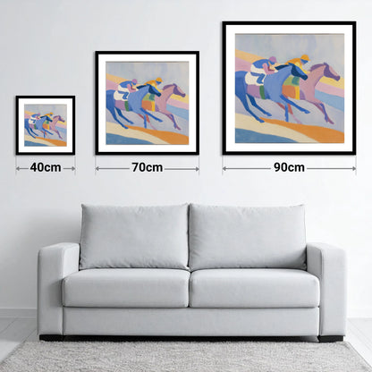 Modern Pastel Gallop - size guide showing 40cm, 70cm and 90cm art prints