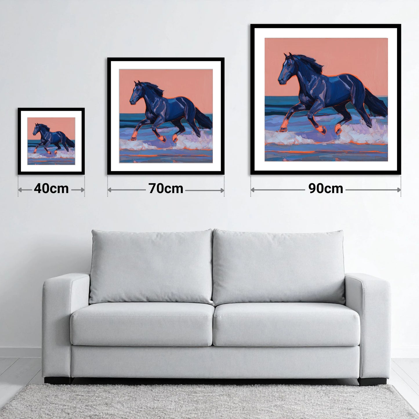 Indigo Surf Canter - size guide showing 40cm, 70cm and 90cm art prints