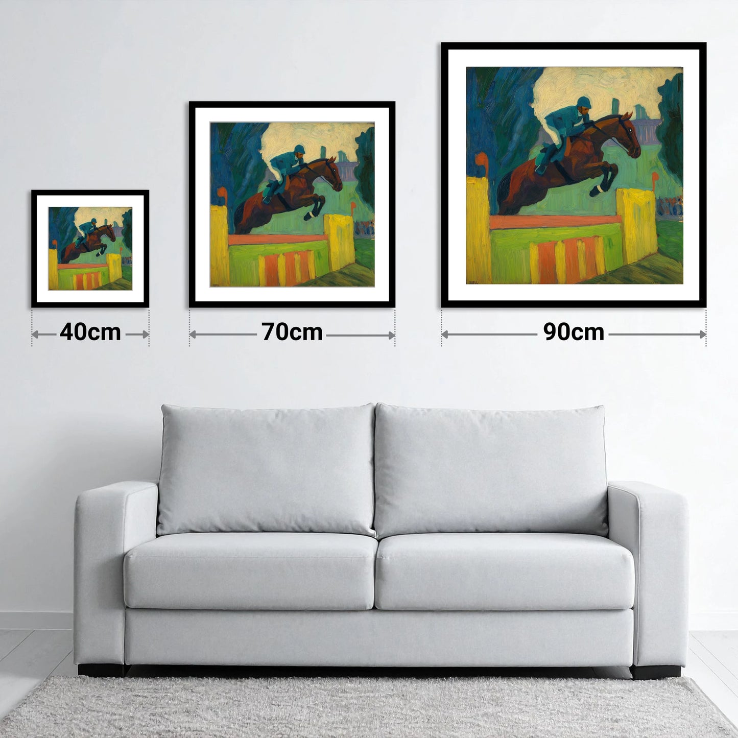 Over the Vivid Wall - size guide showing 40cm, 70cm and 90cm art prints