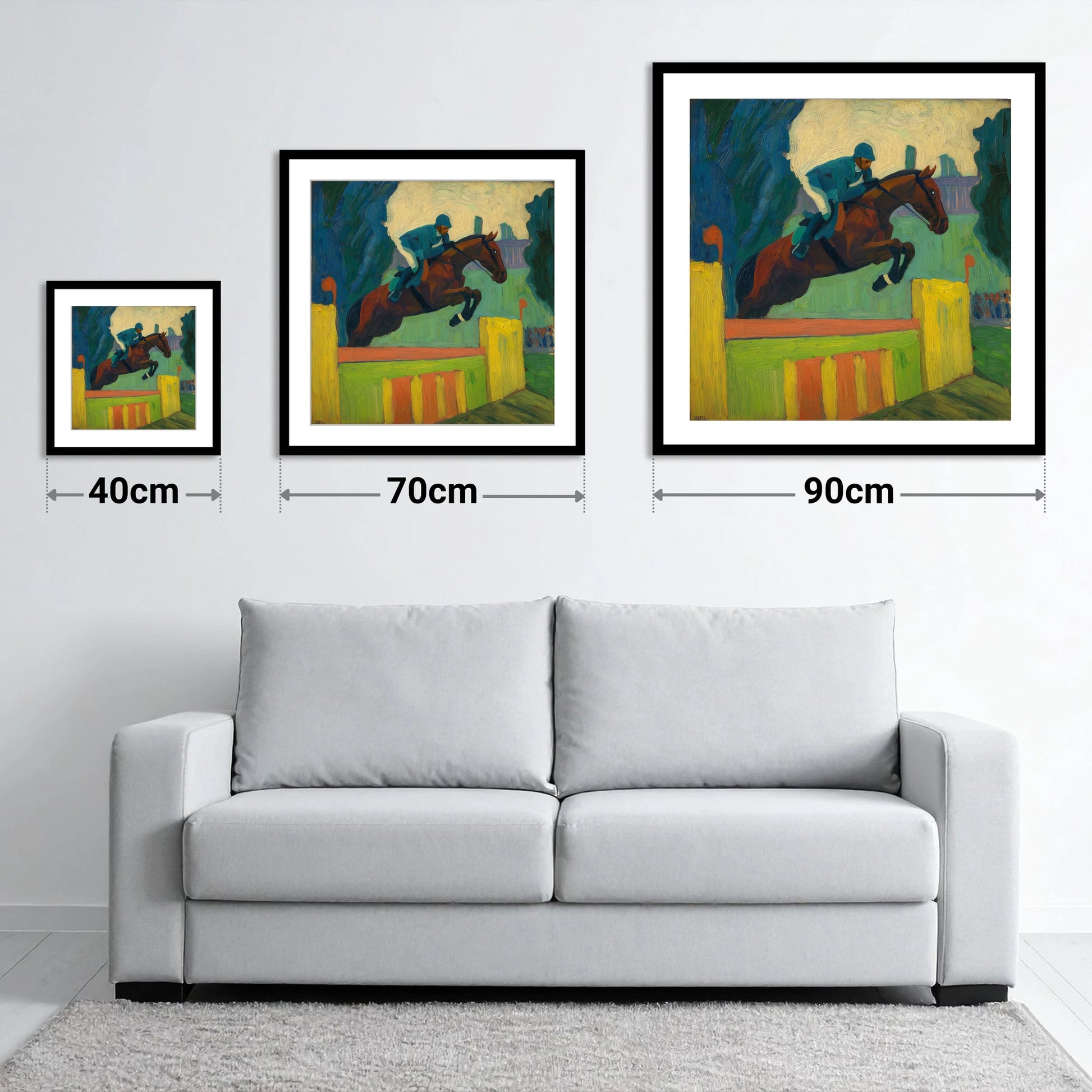 Over the Vivid Wall - size guide showing 40cm, 70cm and 90cm art prints