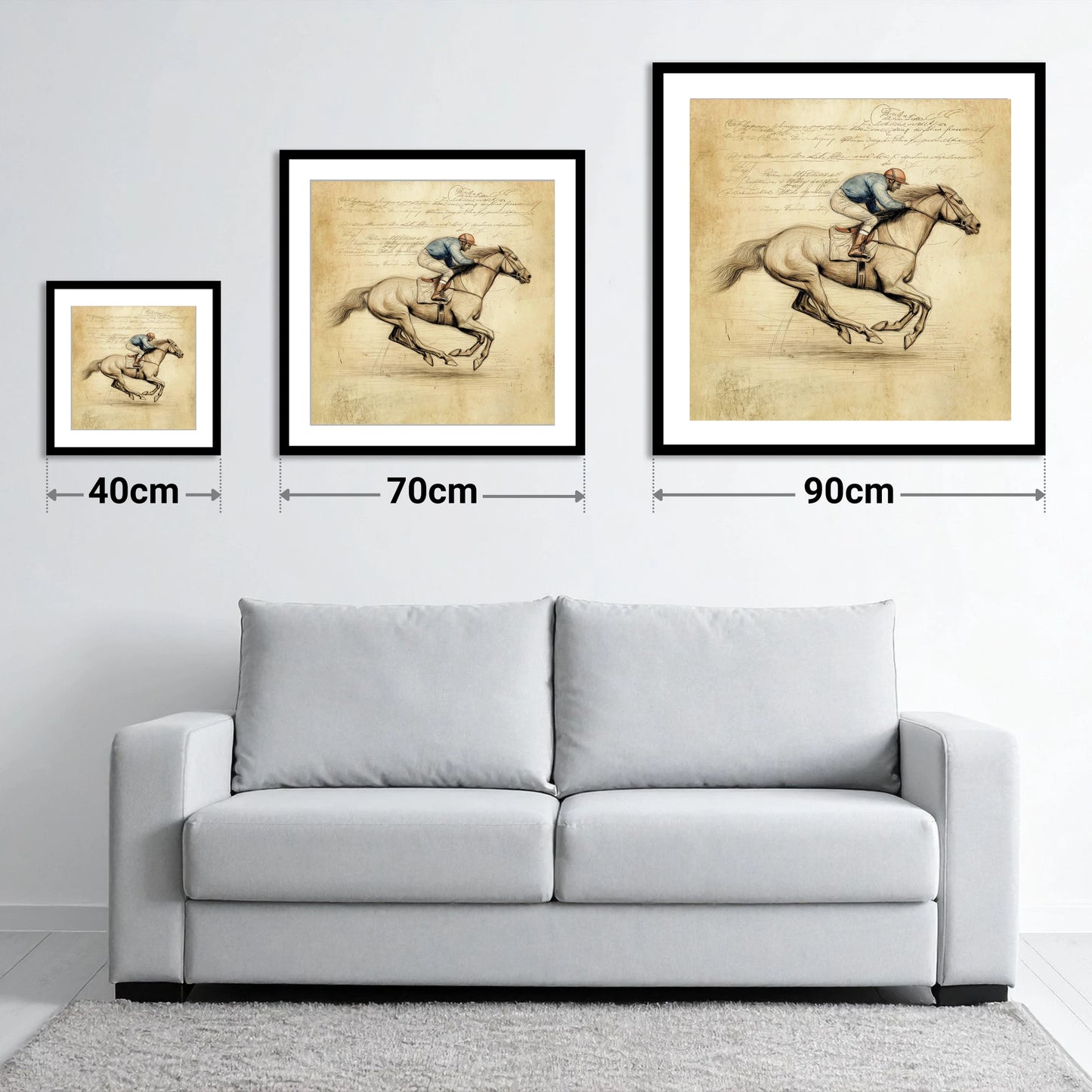 Vintage Racing Study - size guide showing 40cm, 70cm and 90cm art prints