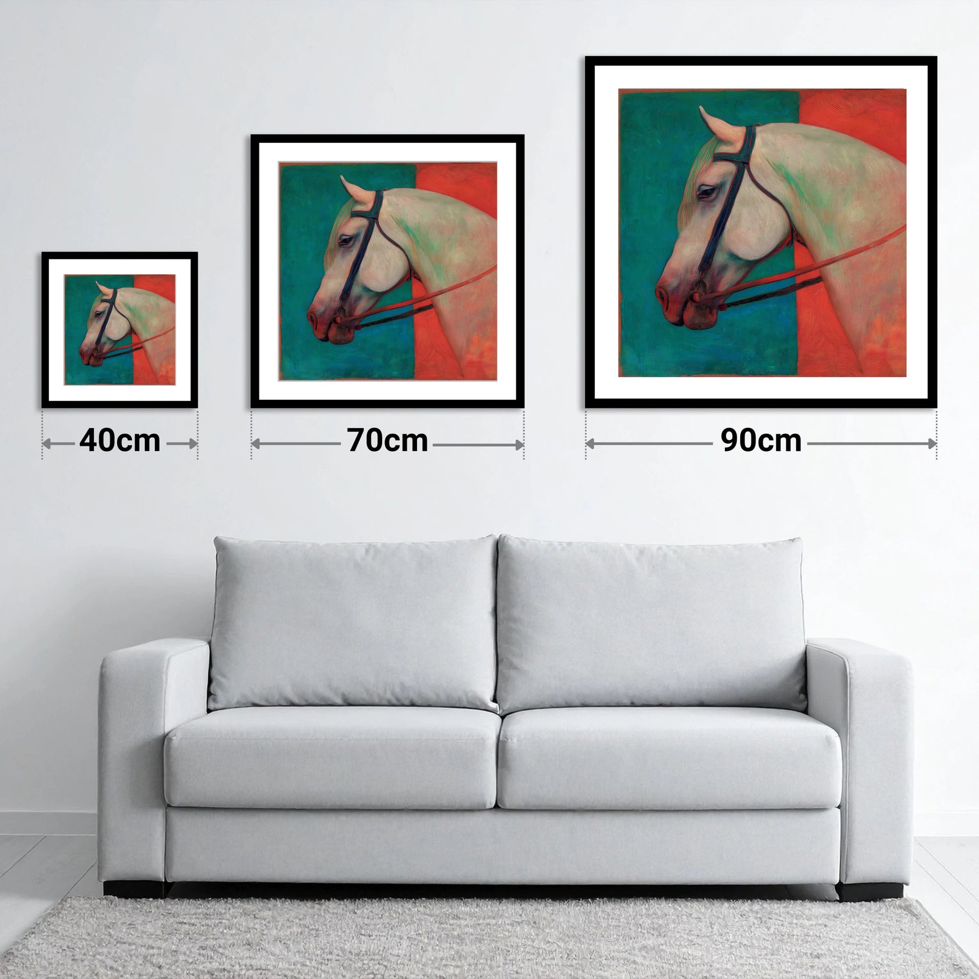 Crimson and Emerald Profile - size guide showing 40cm, 70cm and 90cm art prints