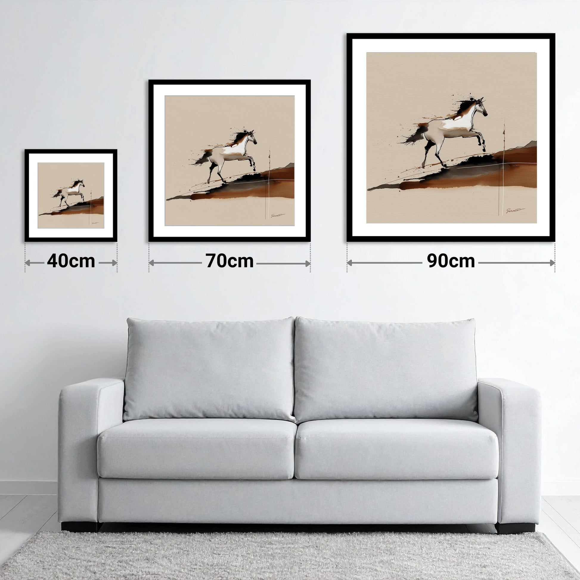 Earthen Canter - size guide showing 40cm, 70cm and 90cm art prints