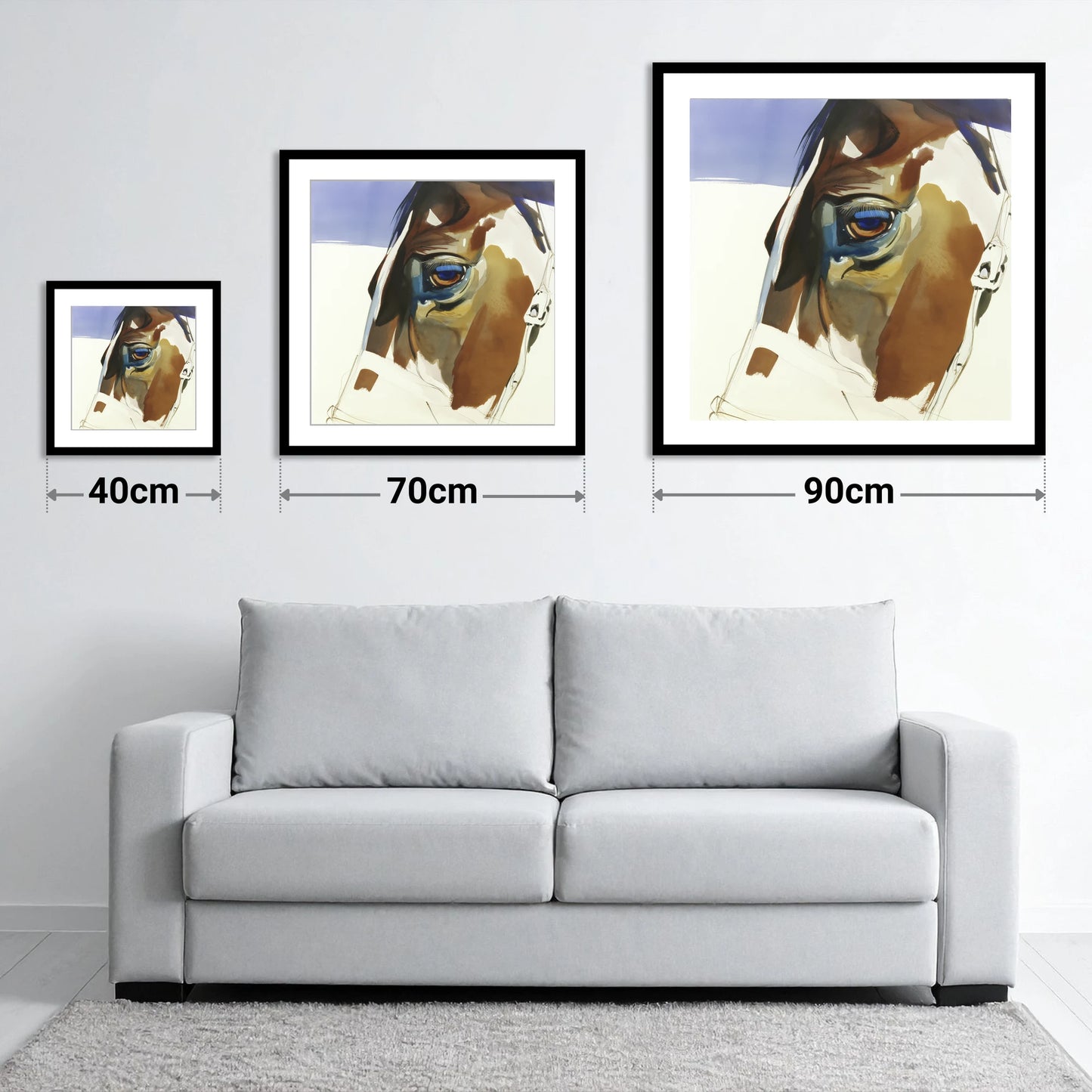 The Indigo Gaze - size guide showing 40cm, 70cm and 90cm art prints