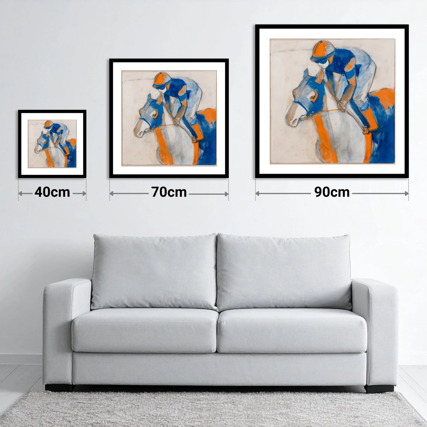 Bold Racing Silks - size guide showing 40cm, 70cm and 90cm art prints