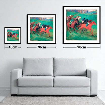 The Crimson Gallop - size guide showing 40cm, 70cm and 90cm art prints