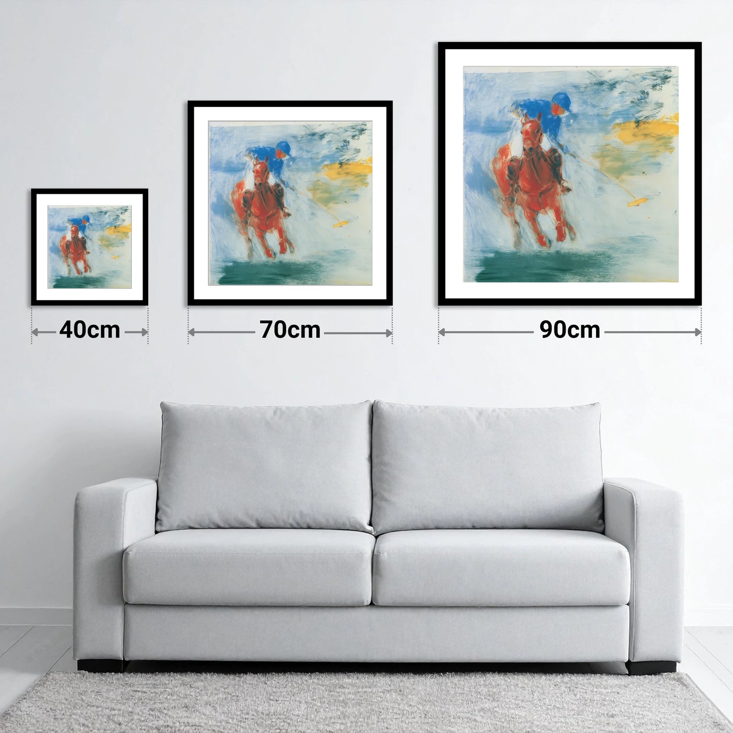 Midfield Strike - size guide showing 40cm, 70cm and 90cm art prints