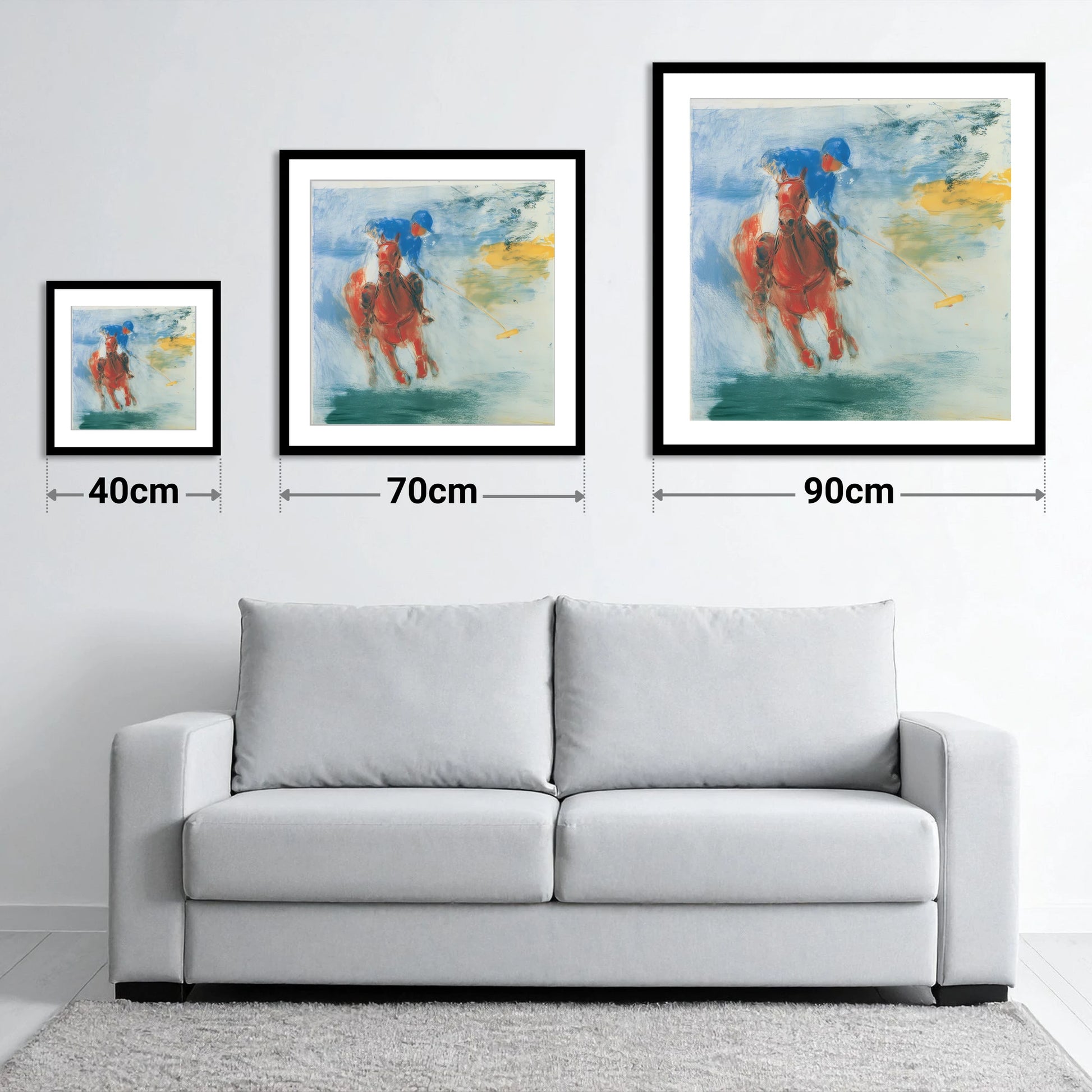 Midfield Strike - size guide showing 40cm, 70cm and 90cm art prints