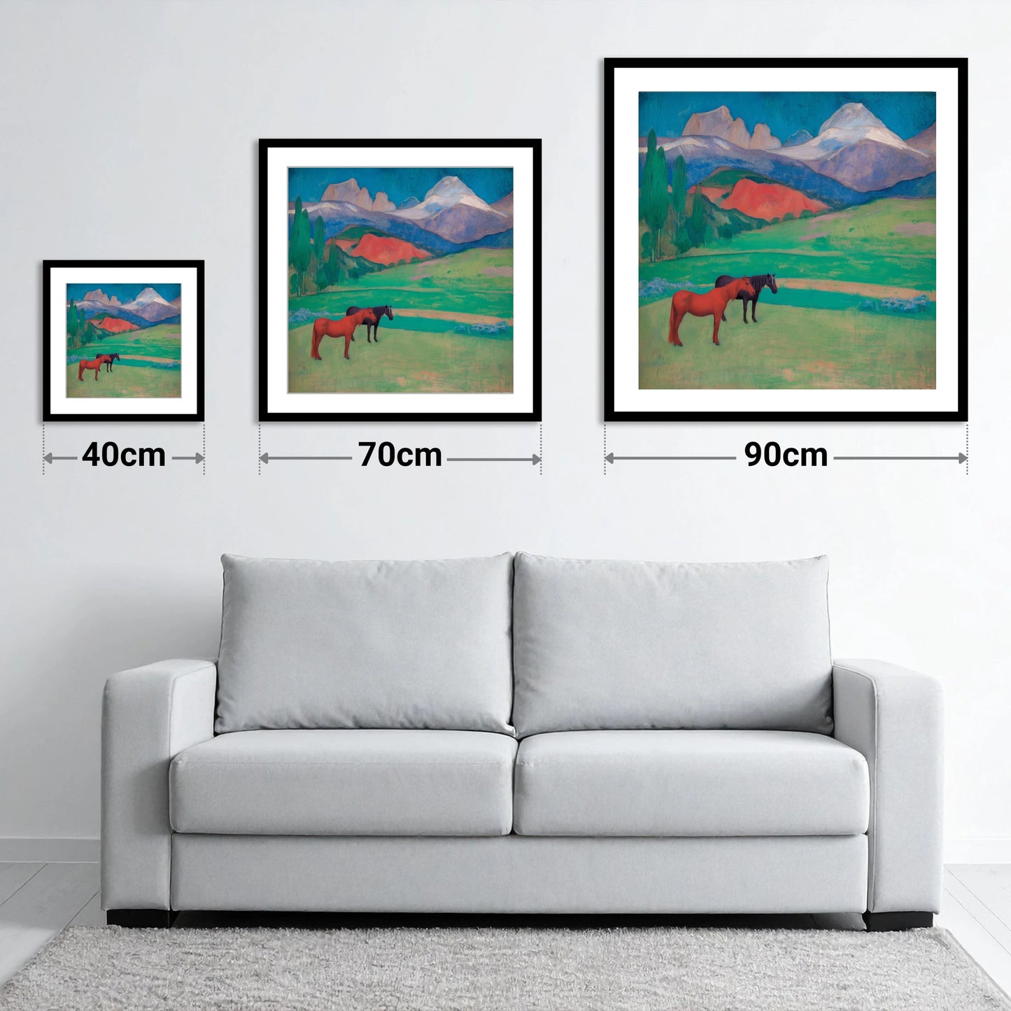 Crimson Mountain Companions - size guide showing 40cm, 70cm and 90cm art prints