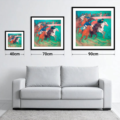 The Vibrant Furlong - size guide showing 40cm, 70cm and 90cm art prints