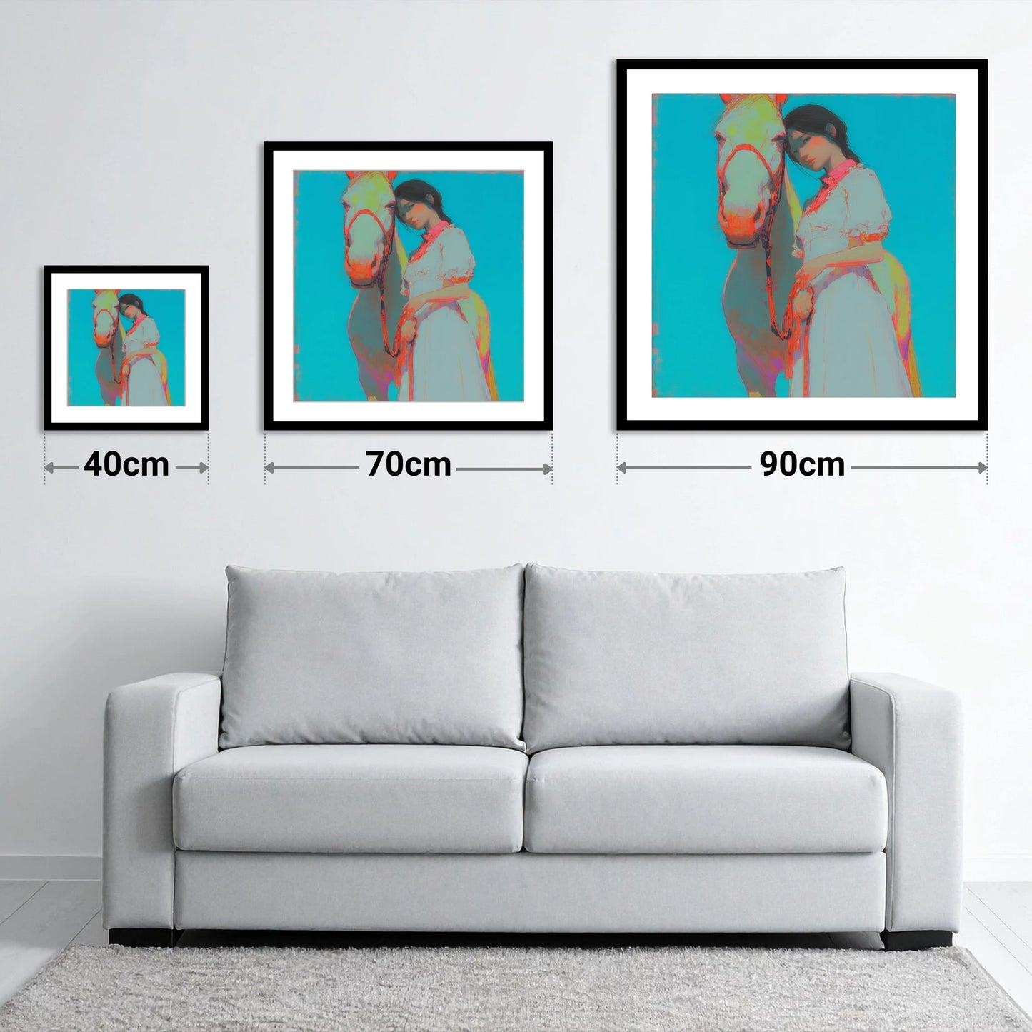 Electric Bond - size guide showing 40cm, 70cm and 90cm art prints