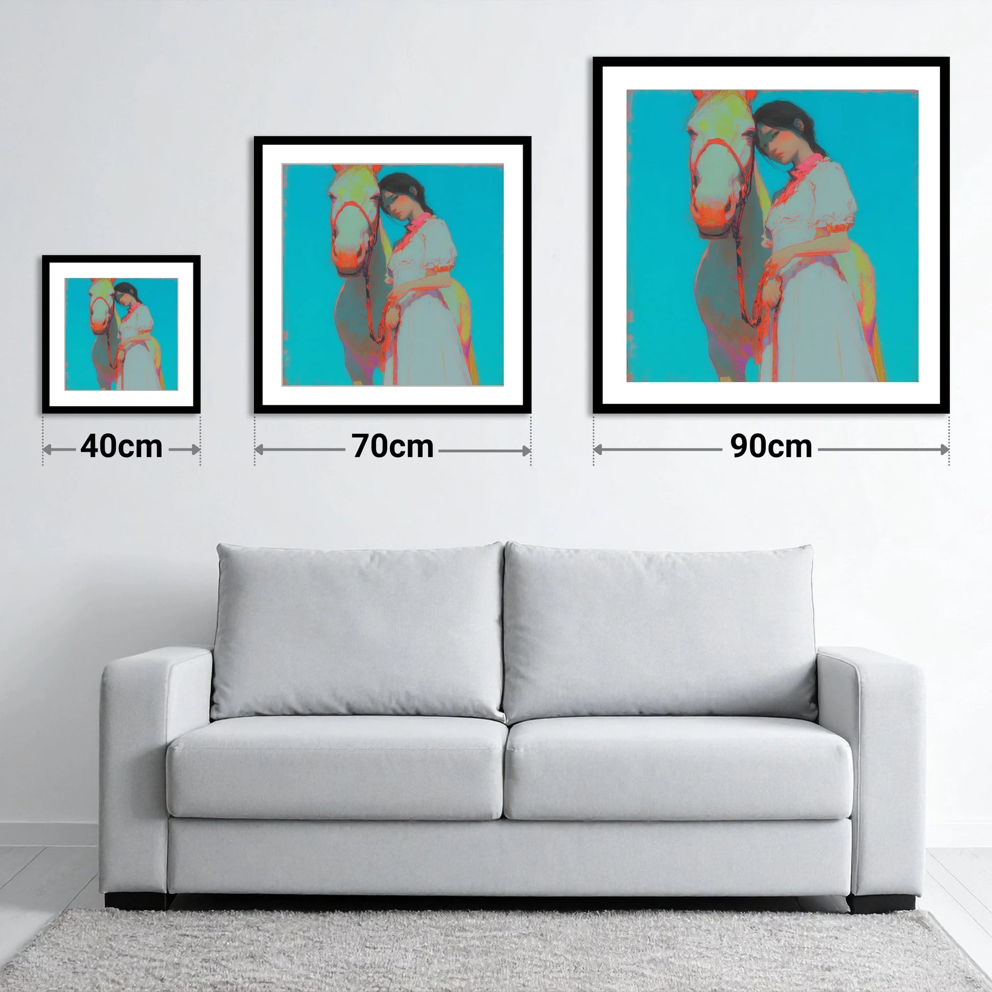 Electric Bond - size guide showing 40cm, 70cm and 90cm art prints
