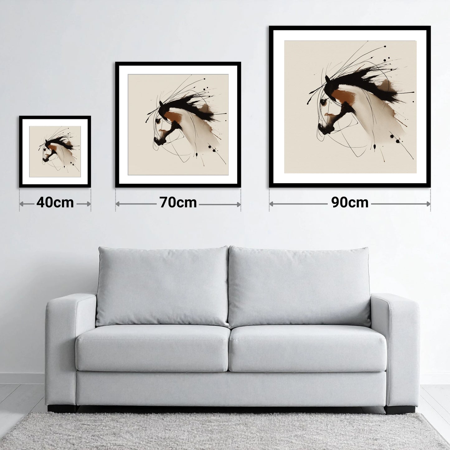 Ink Wash Equine Profile - size guide showing 40cm, 70cm and 90cm art prints