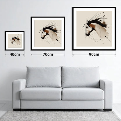 Ink Wash Equine Profile - size guide showing 40cm, 70cm and 90cm art prints