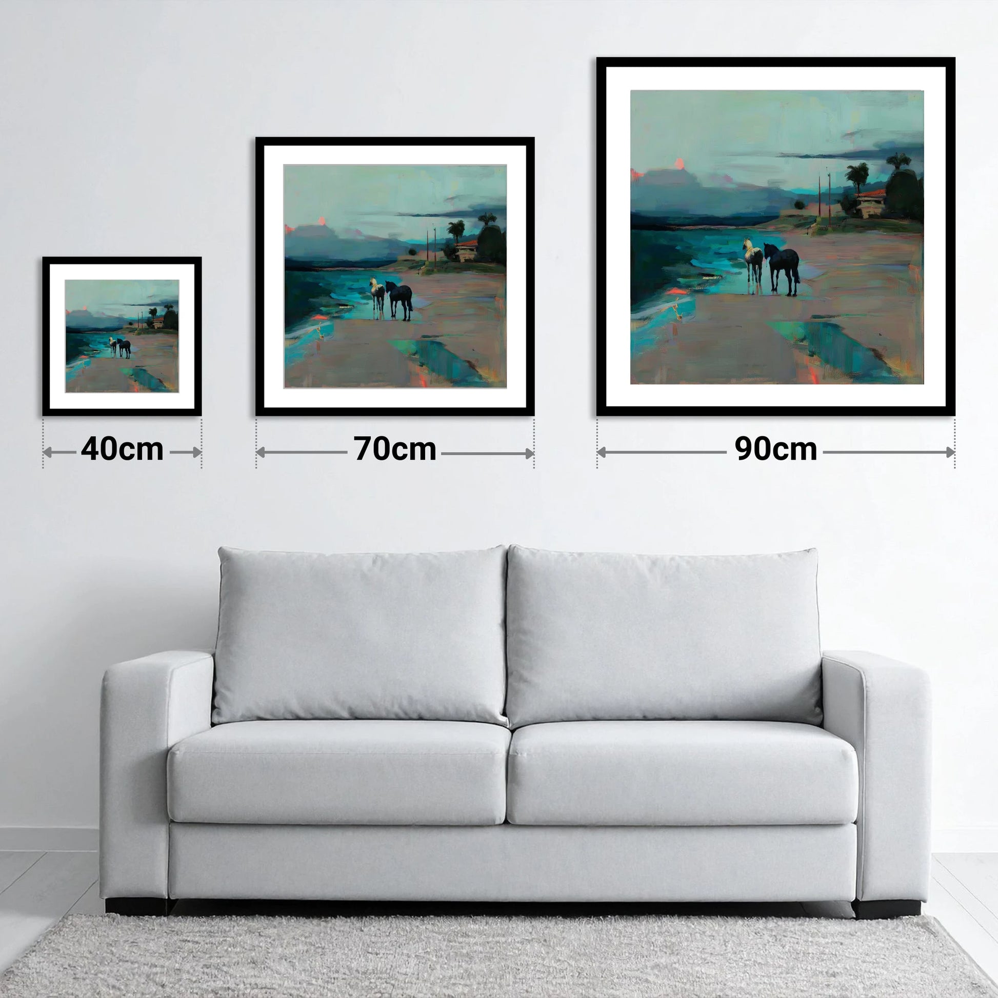 Dusk on the Shoreline - size guide showing 40cm, 70cm and 90cm art prints
