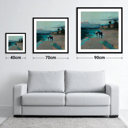 Dusk on the Shoreline - size guide showing 40cm, 70cm and 90cm art prints