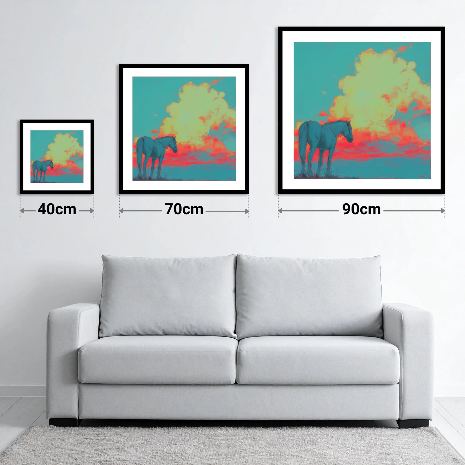 Teal Sunset Horizon - size guide showing 40cm, 70cm and 90cm art prints