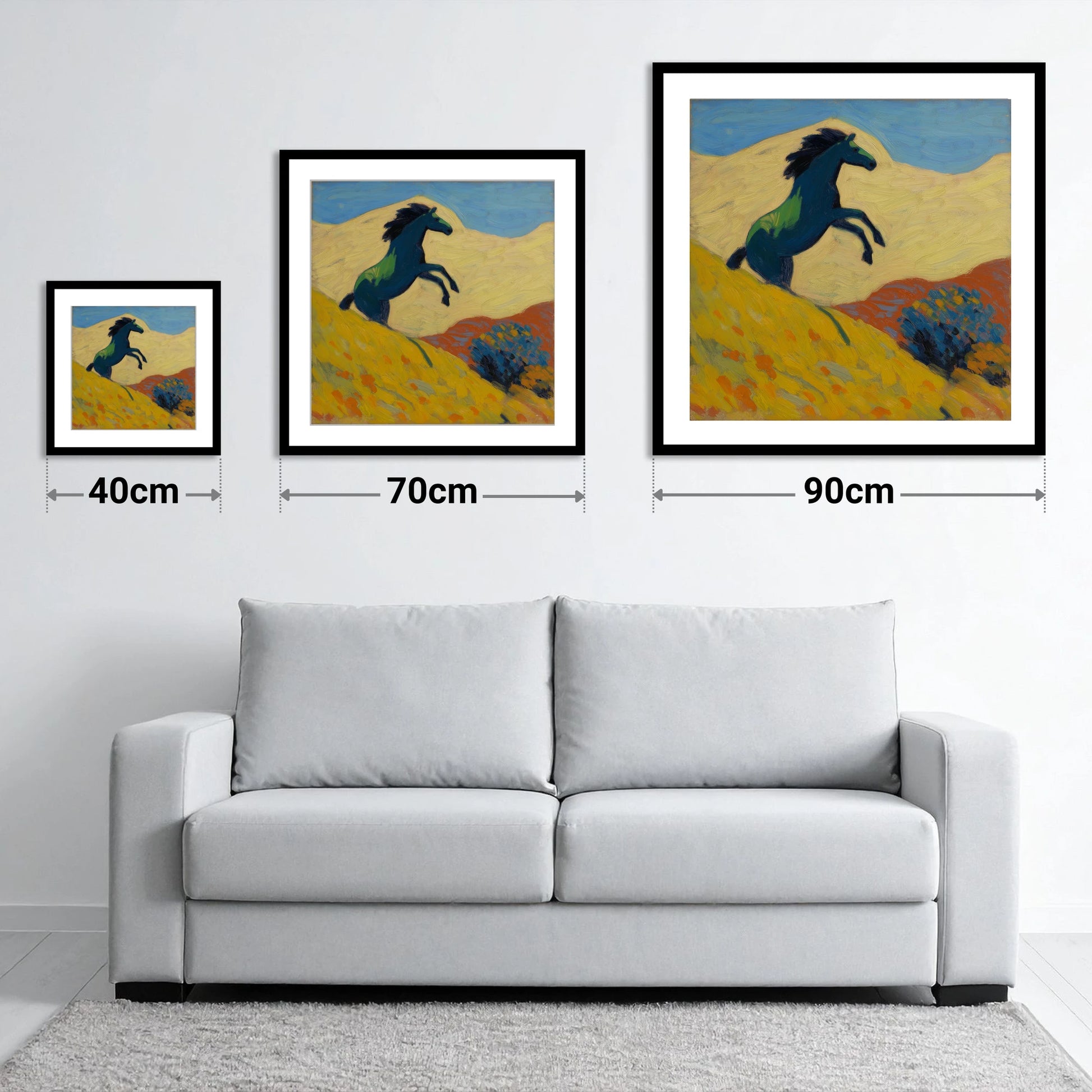 Rearing Indigo - size guide showing 40cm, 70cm and 90cm art prints