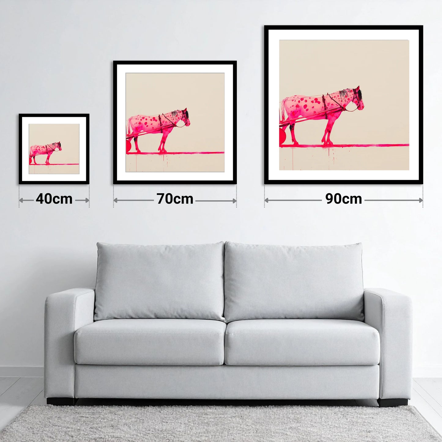 Vibrant Spotted Harness - size guide showing 40cm, 70cm and 90cm art prints