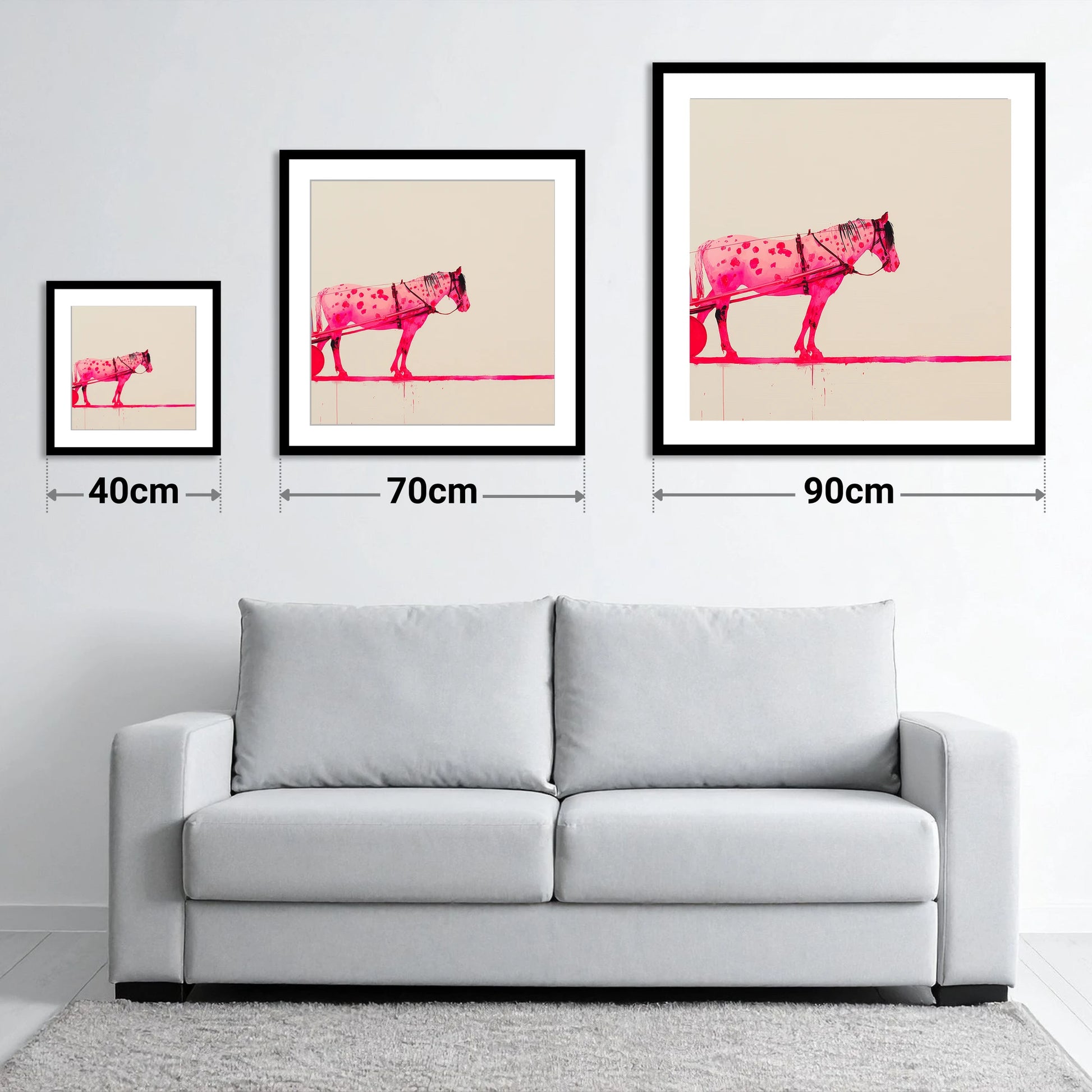 Vibrant Spotted Harness - size guide showing 40cm, 70cm and 90cm art prints
