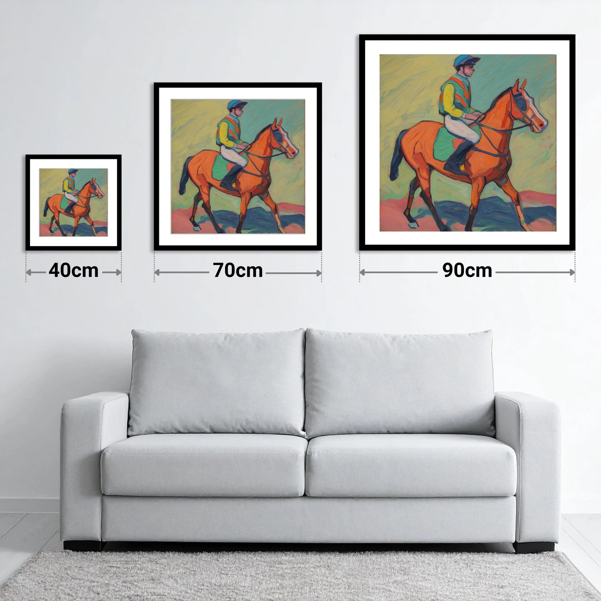 The Colour of Racing - size guide showing 40cm, 70cm and 90cm art prints