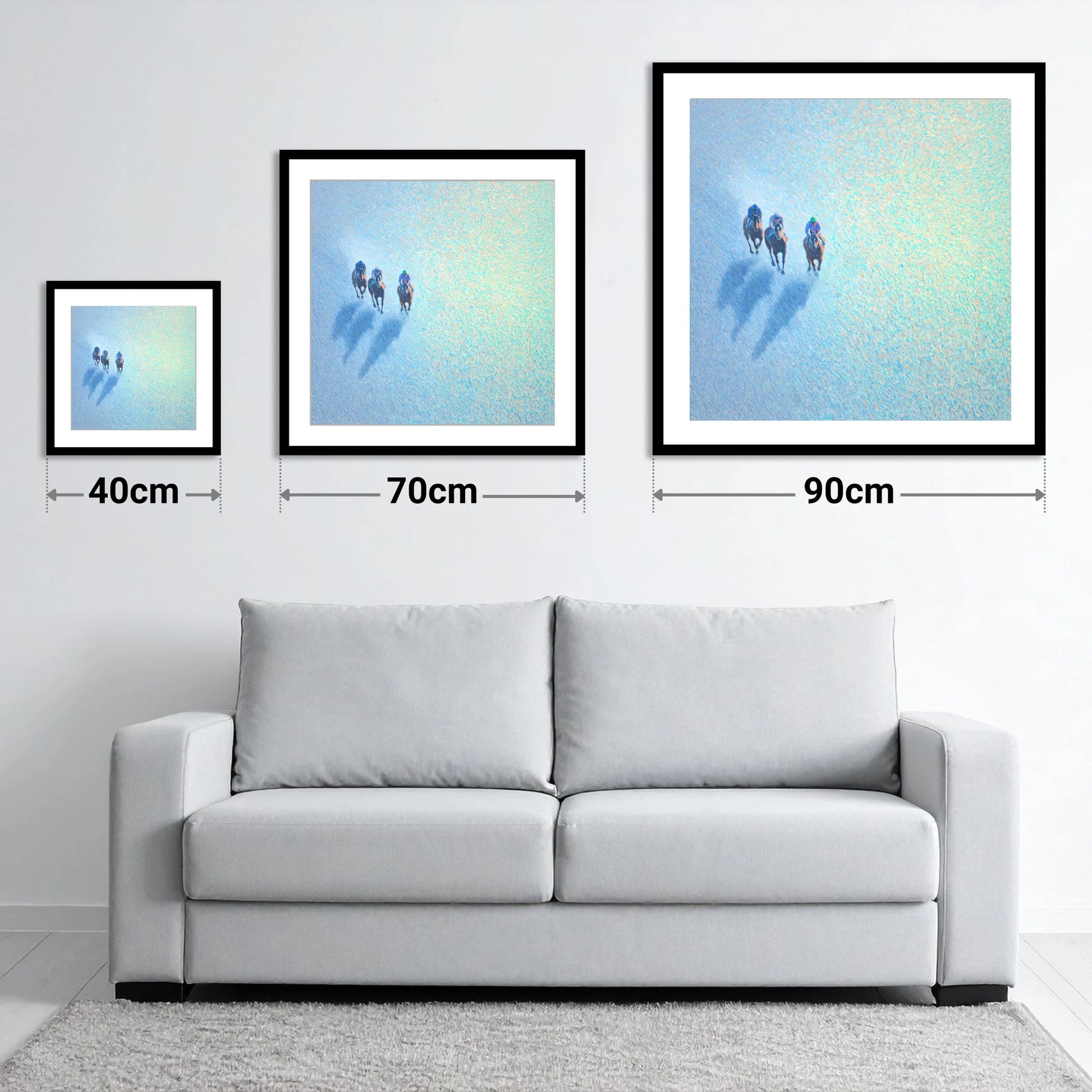 Luminous Morning Gallop - size guide showing 40cm, 70cm and 90cm art prints