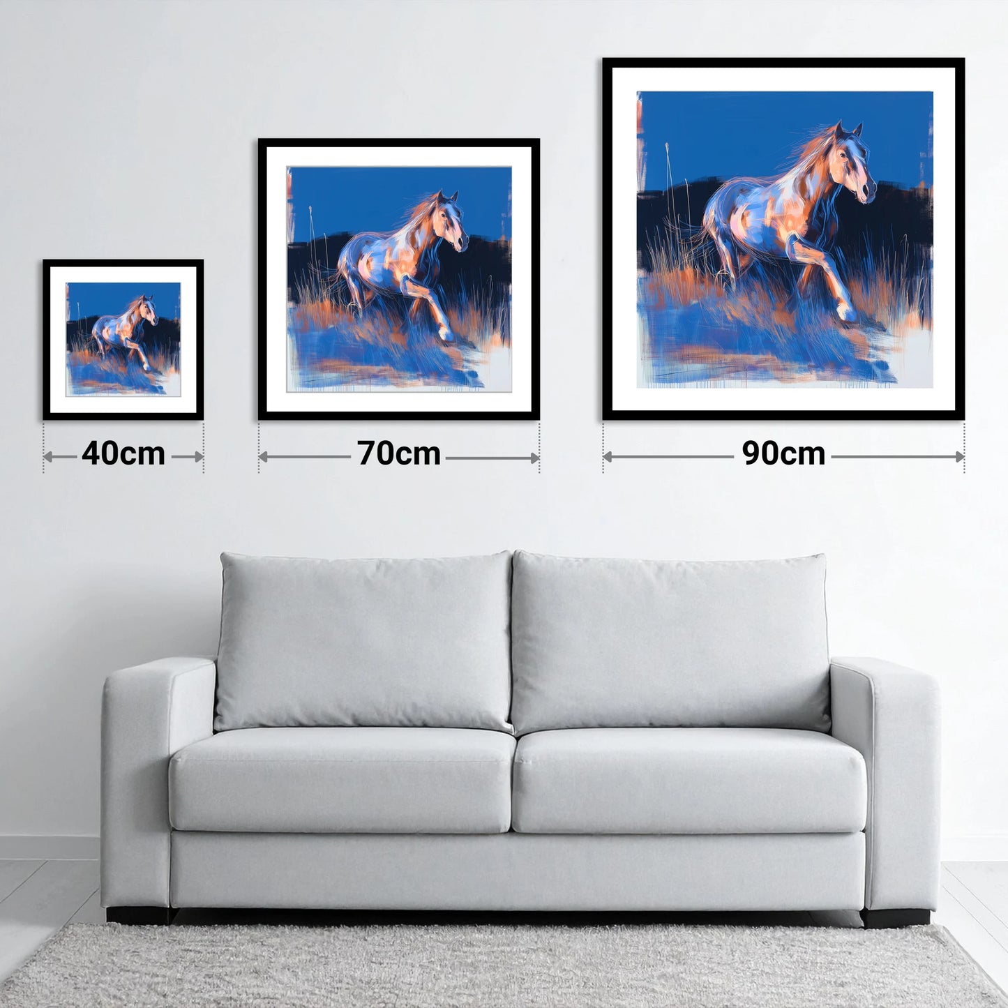 Wanderer in Blue - size guide showing 40cm, 70cm and 90cm art prints