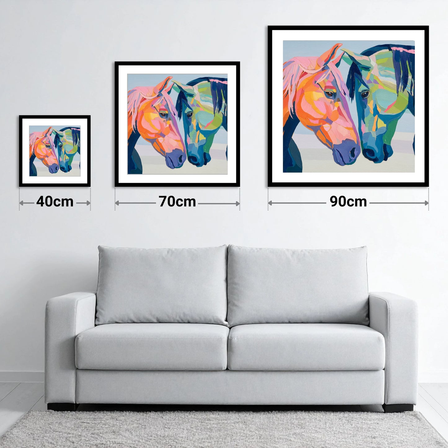 Vibrant Equine Connection - size guide showing 40cm, 70cm and 90cm art prints