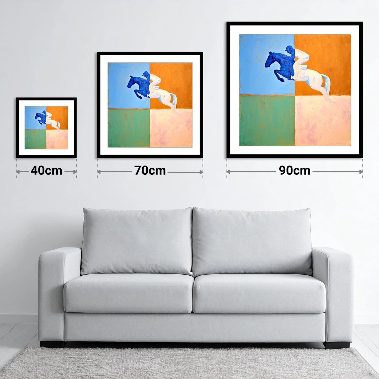 The Abstract Leap - size guide showing 40cm, 70cm and 90cm art prints