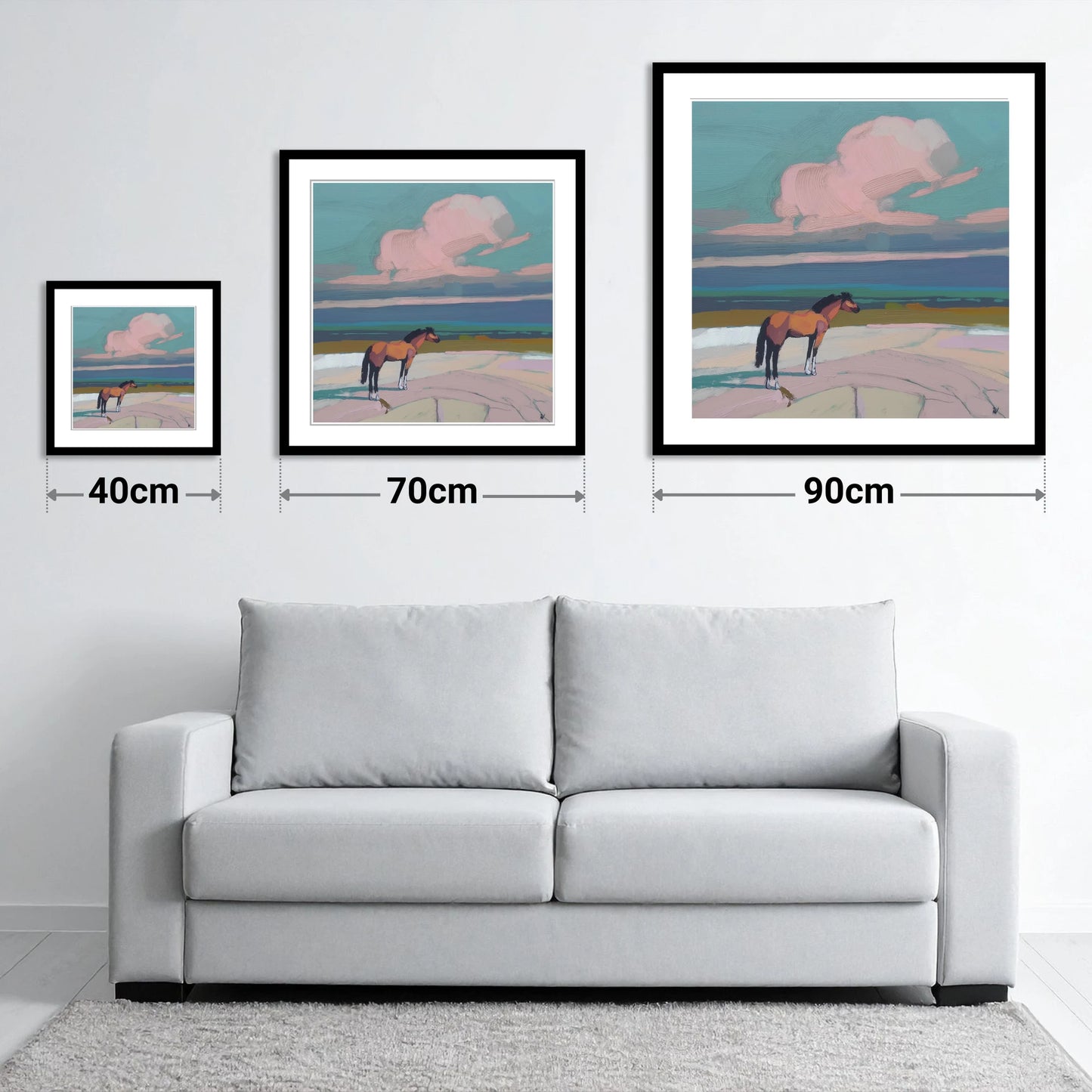 Rose Cloud Horizon - size guide showing 40cm, 70cm and 90cm art prints