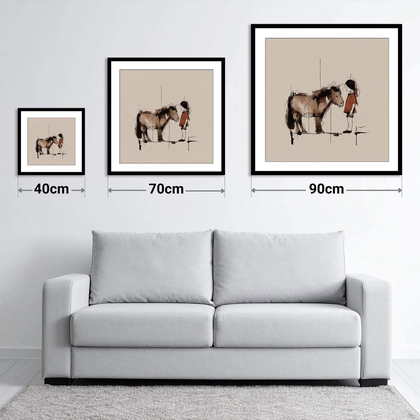 Silent Understanding - size guide showing 40cm, 70cm and 90cm art prints