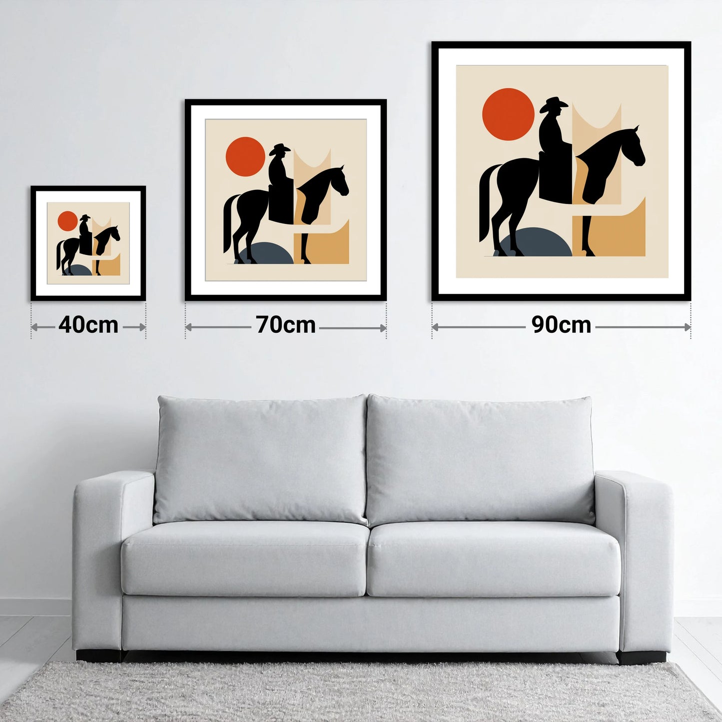 Abstract Western Silhouette - size guide showing 40cm, 70cm and 90cm art prints