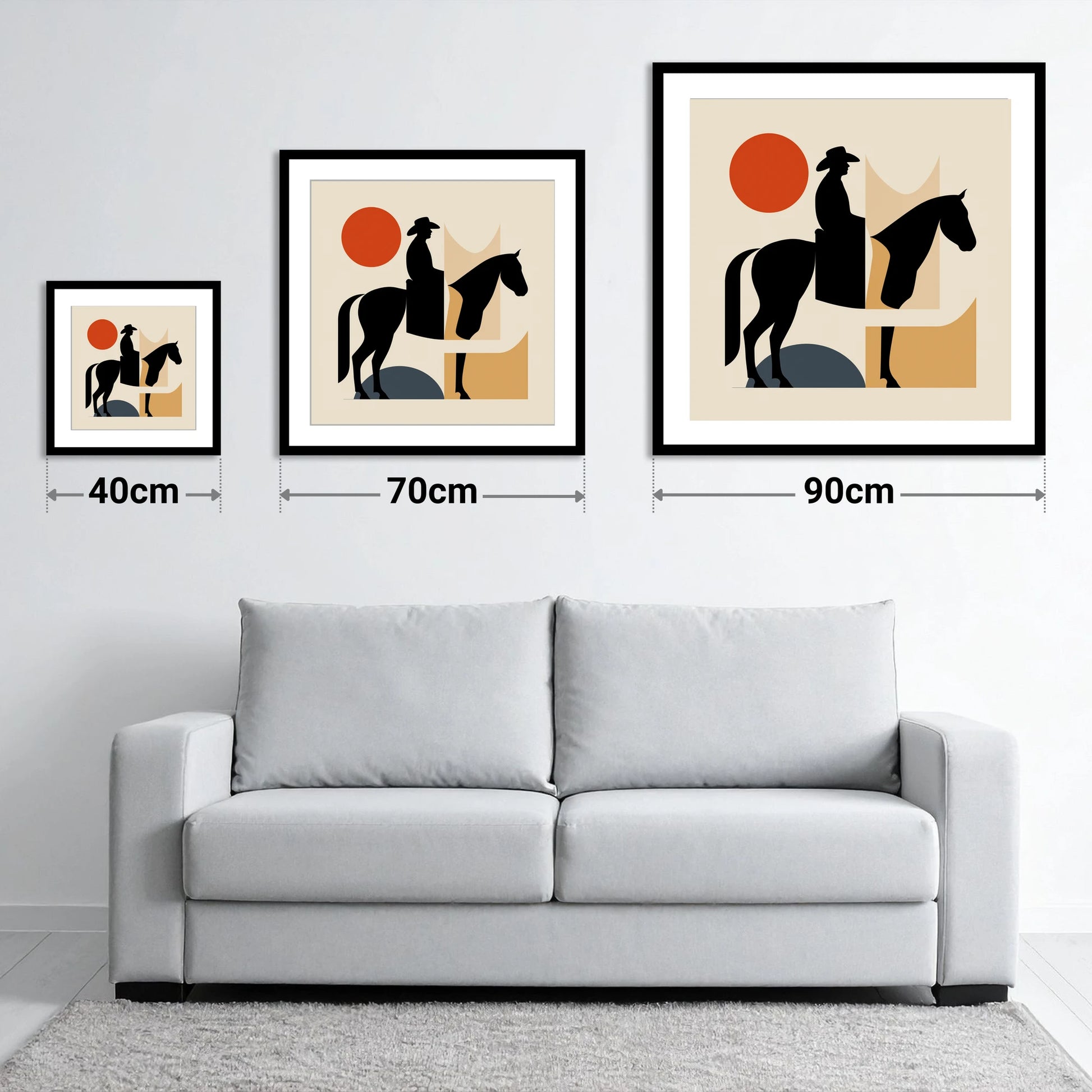 Abstract Western Silhouette - size guide showing 40cm, 70cm and 90cm art prints