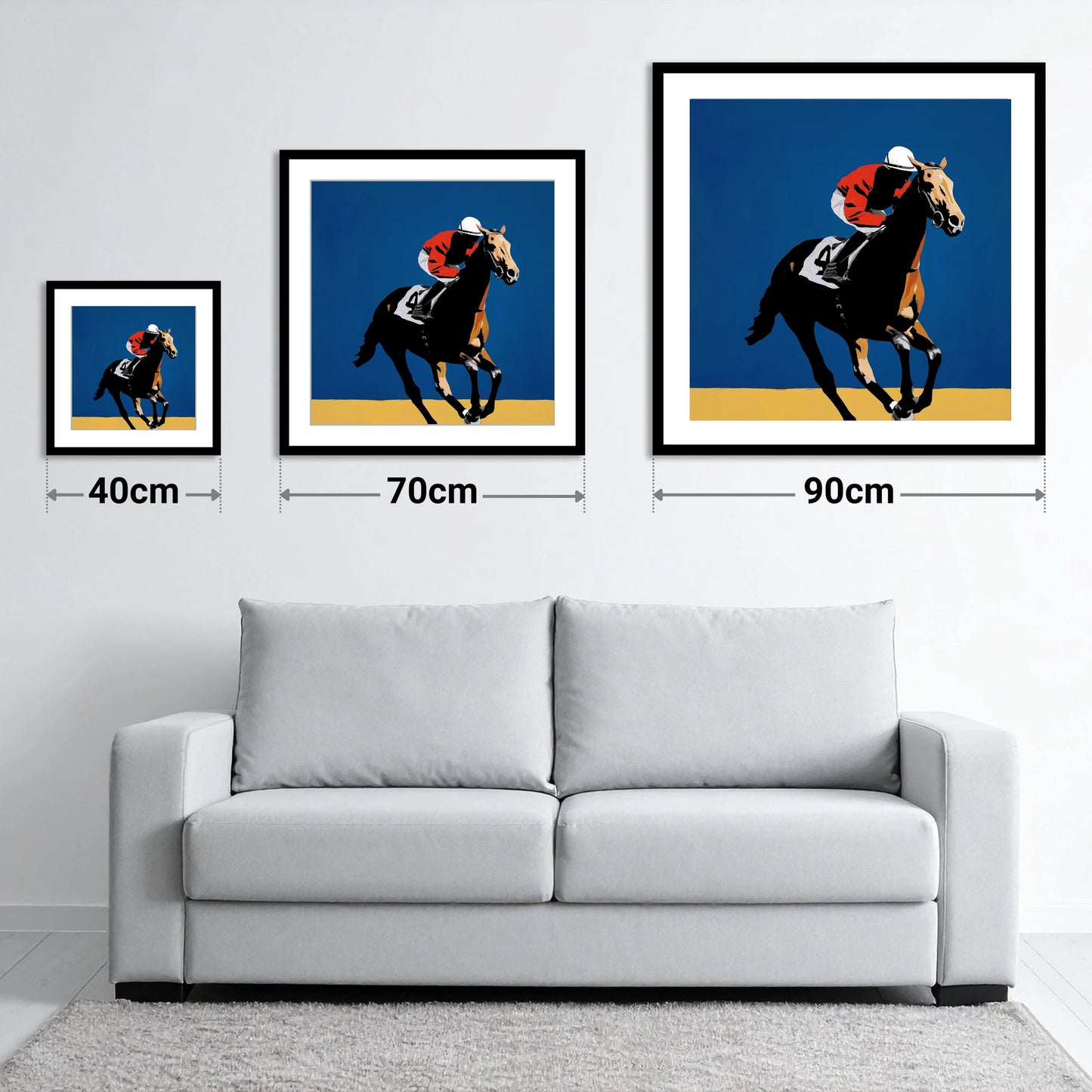 Gallop in Scarlet - size guide showing 40cm, 70cm and 90cm art prints