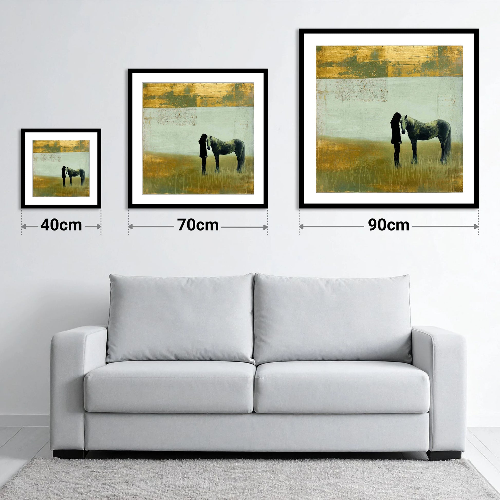 Silent Understanding - size guide showing 40cm, 70cm and 90cm art prints