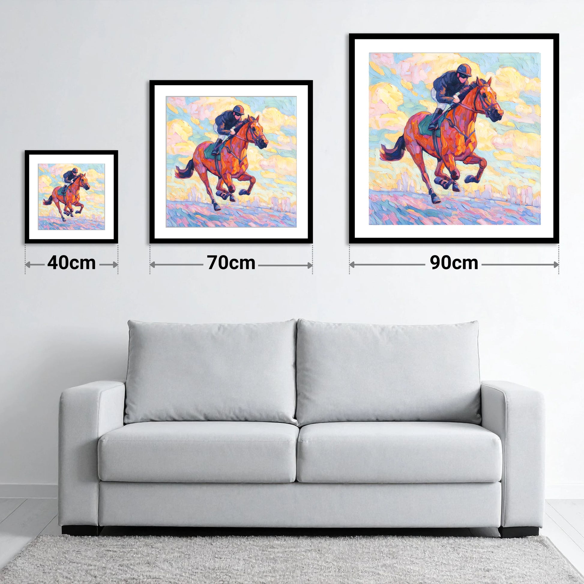 Technicolour Gallop - size guide showing 40cm, 70cm and 90cm art prints
