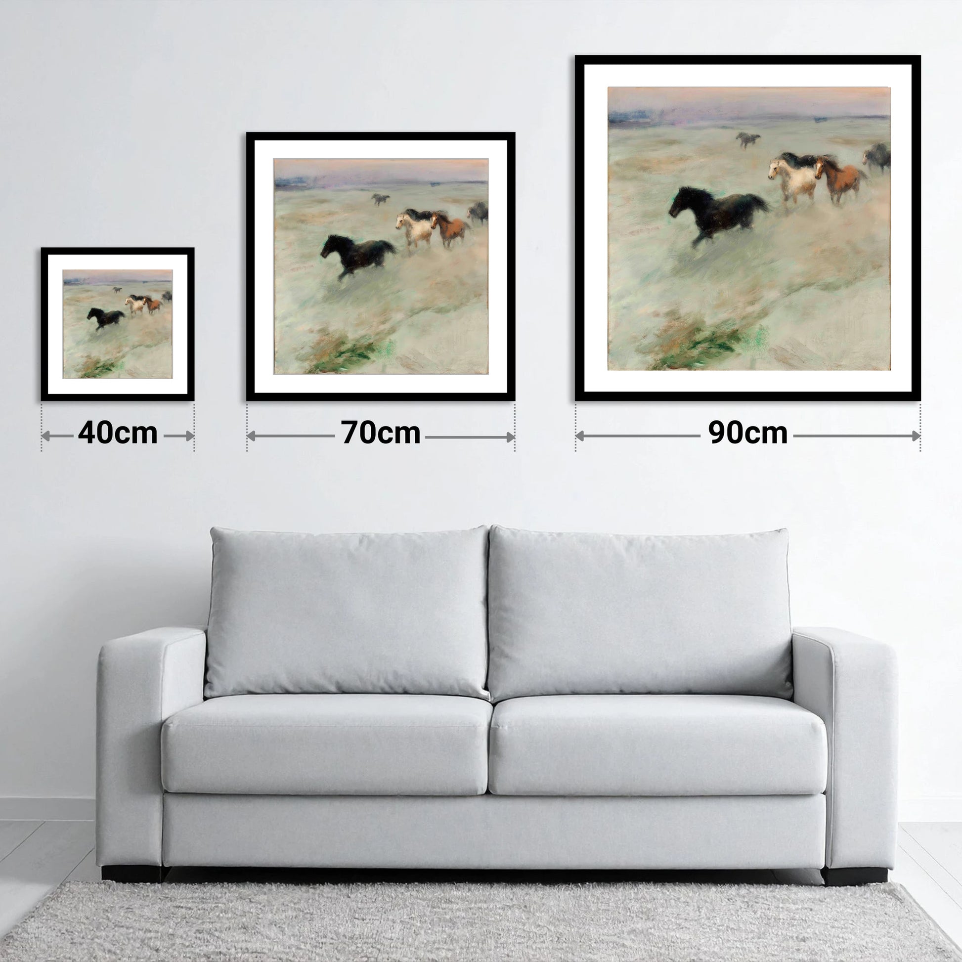 Through The Morning Mist - size guide showing 40cm, 70cm and 90cm art prints