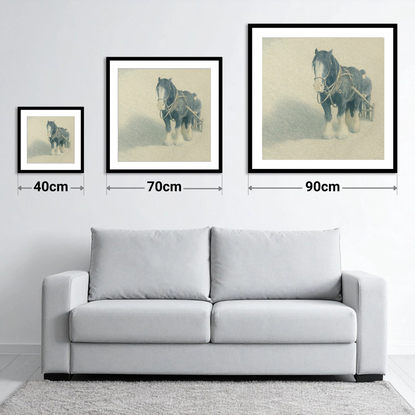 Steadfast in the Field - size guide showing 40cm, 70cm and 90cm art prints