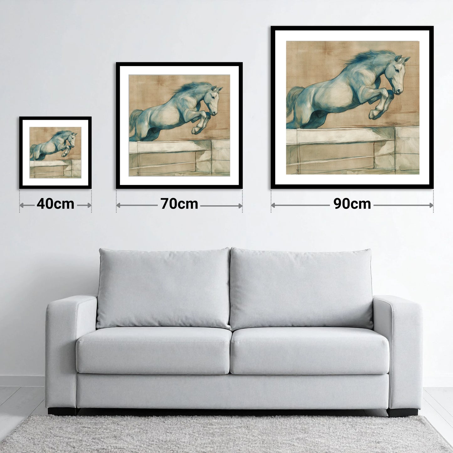 Airborne Grace - size guide showing 40cm, 70cm and 90cm art prints