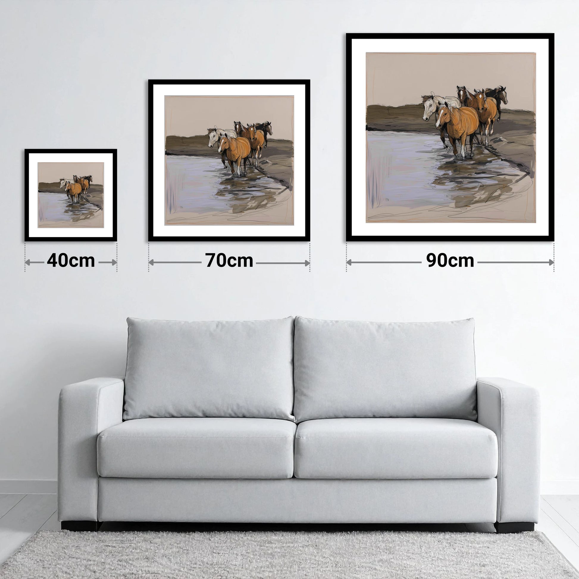 Herd at the Shallows - size guide showing 40cm, 70cm and 90cm art prints