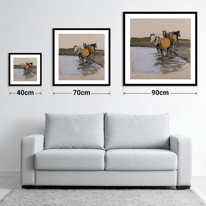 Herd at the Shallows - size guide showing 40cm, 70cm and 90cm art prints