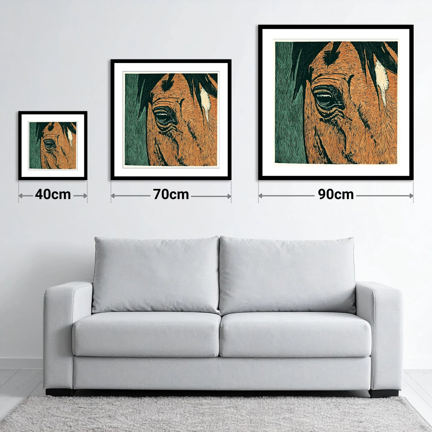 The Chestnut Gaze - size guide showing 40cm, 70cm and 90cm art prints