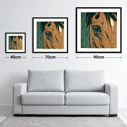 The Chestnut Gaze - size guide showing 40cm, 70cm and 90cm art prints