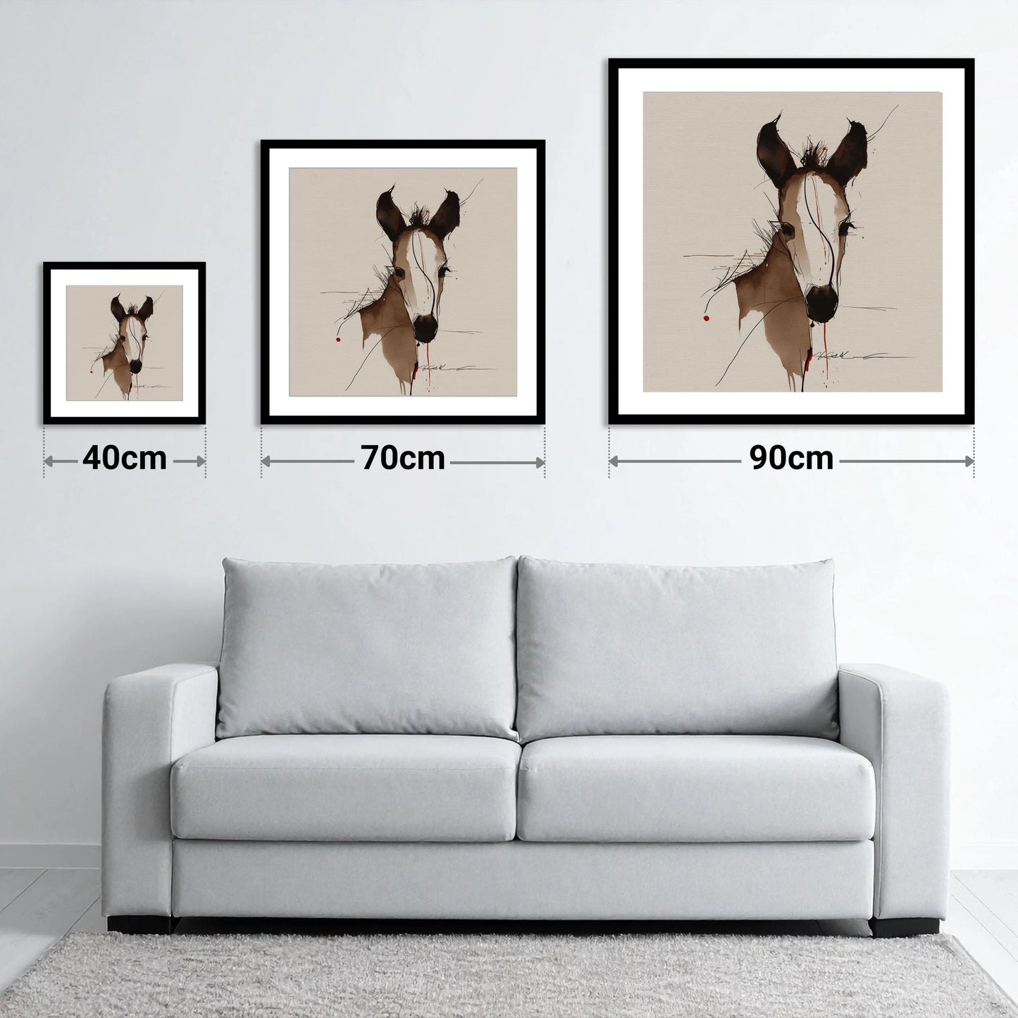 Delicate Ink Foal - size guide showing 40cm, 70cm and 90cm art prints
