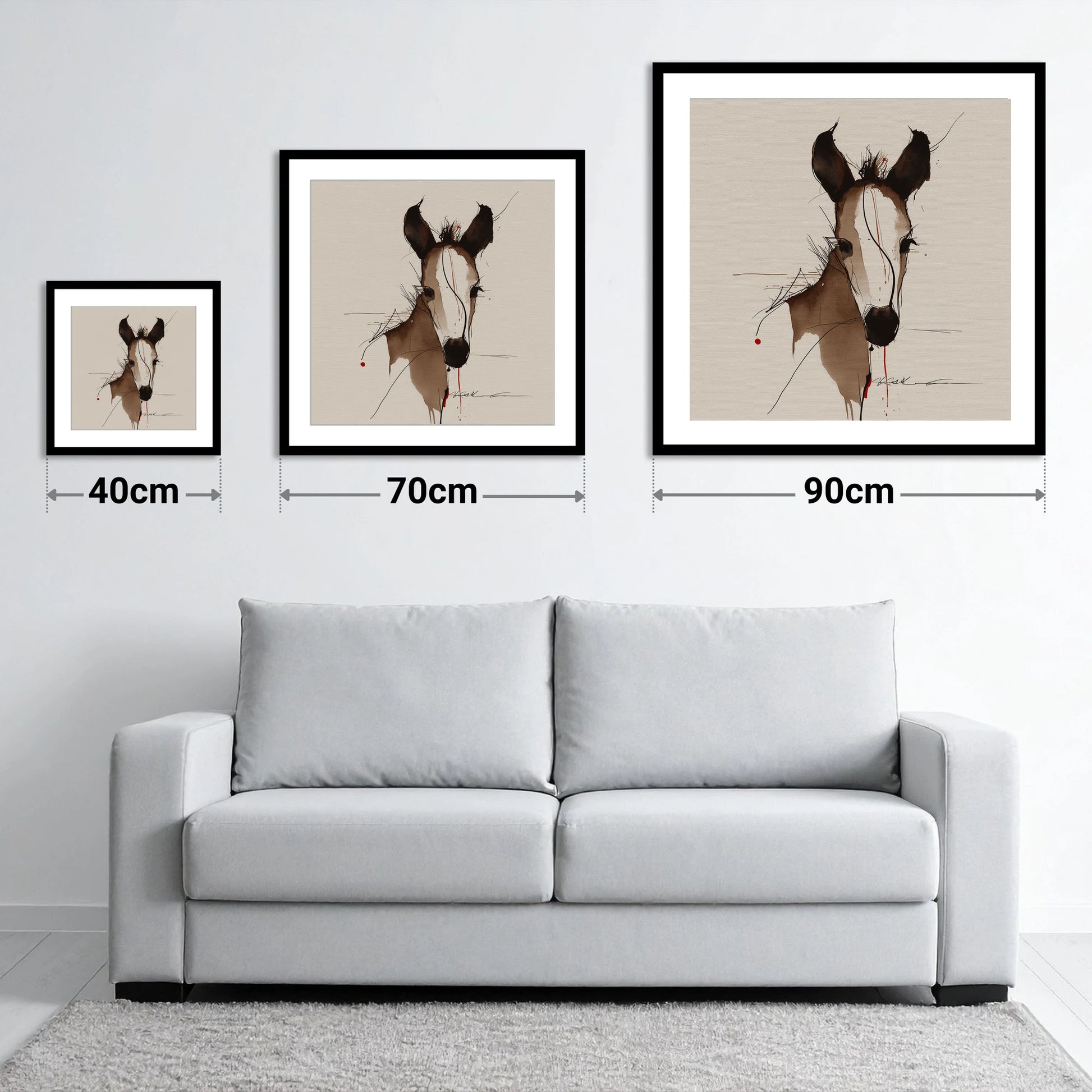 Delicate Ink Foal - size guide showing 40cm, 70cm and 90cm art prints