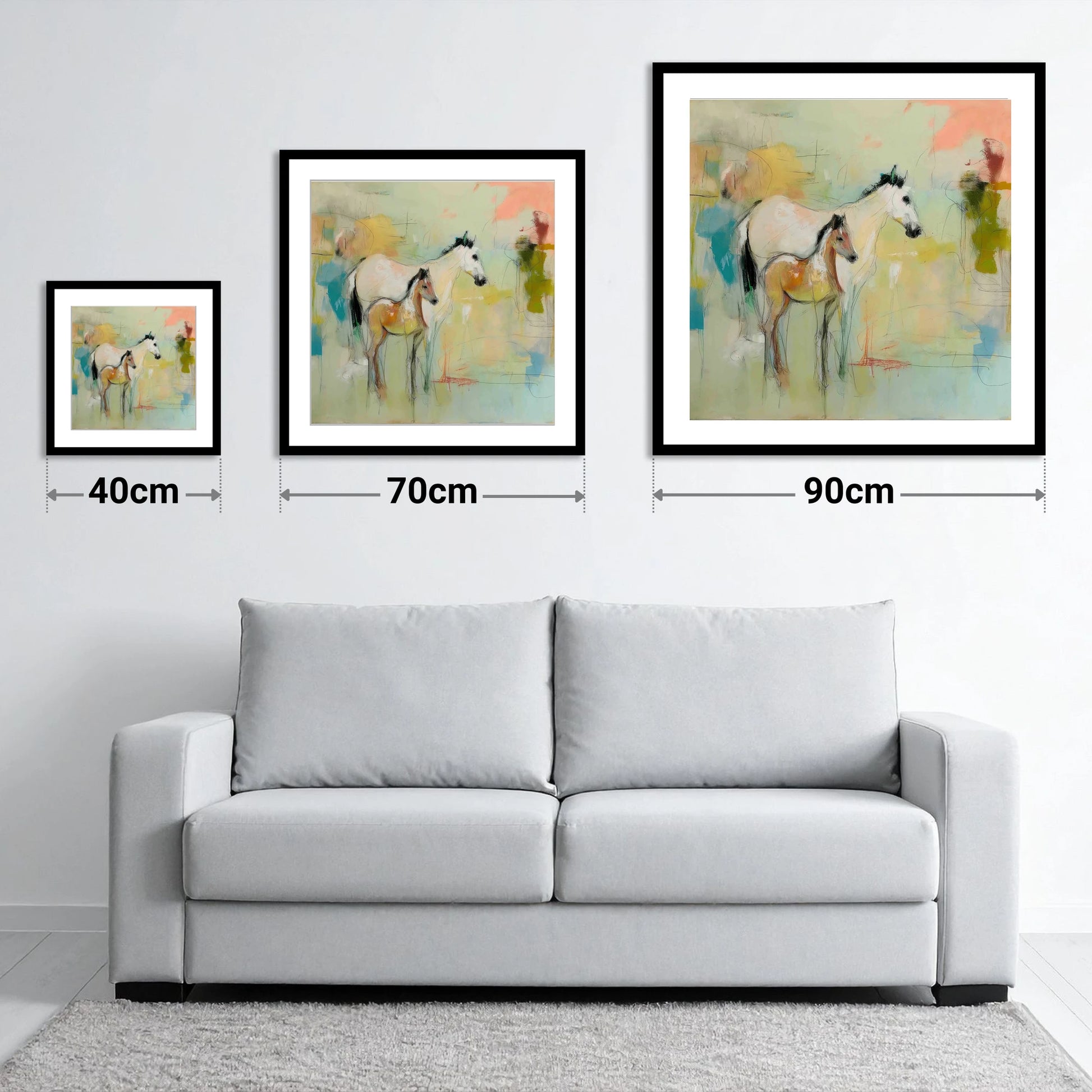 Ethereal Mare and Foal - size guide showing 40cm, 70cm and 90cm art prints